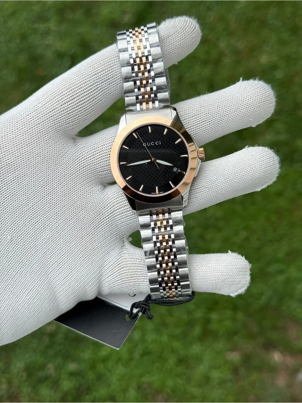 Gucci G TIME Two-Tone Silver and Rose Gold Watch with Black Dial unisex